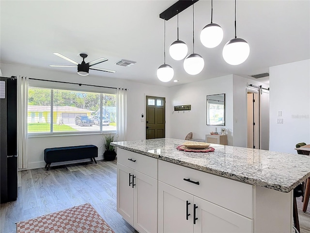 1421 Pine Tree Dr, Edgewater, FL 32132 - kitchen featuring a barn door, light wood-style floors, ceiling fan, and plenty of natural light