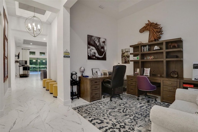 6294 W Fallsgrove Ln, Port Orange, FL 32128 - office area featuring a chandelier, marble finish floors, a high ceiling, and a raised ceiling