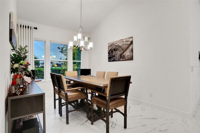 6294 W Fallsgrove Ln, Port Orange, FL 32128 - dining room with a chandelier, light marble finish floors, and lofted ceiling