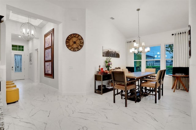 6294 W Fallsgrove Ln, Port Orange, FL 32128 - dining space with a chandelier, marble finish floors, and high vaulted ceiling