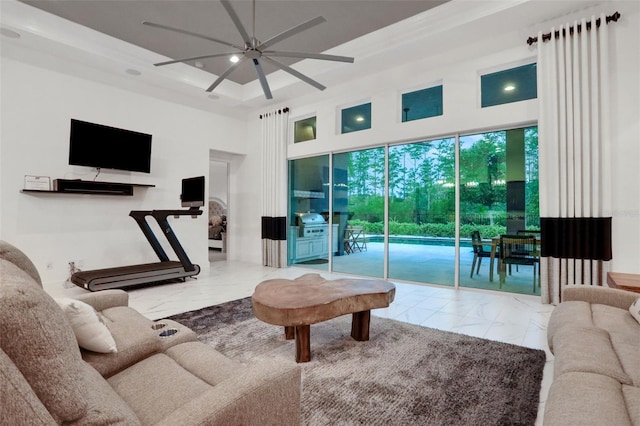 6294 W Fallsgrove Ln, Port Orange, FL 32128 - living area featuring marble look tile flooring, ceiling fan, and a high ceiling