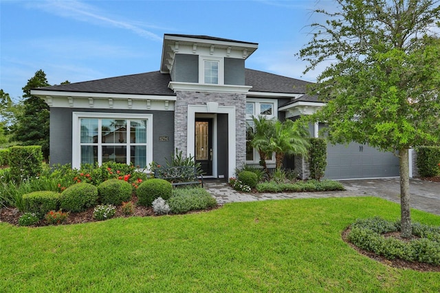 6294 W Fallsgrove Ln, Port Orange, FL 32128 - italianate-style house featuring a front yard, driveway, stone siding, a shingled roof, and stucco siding