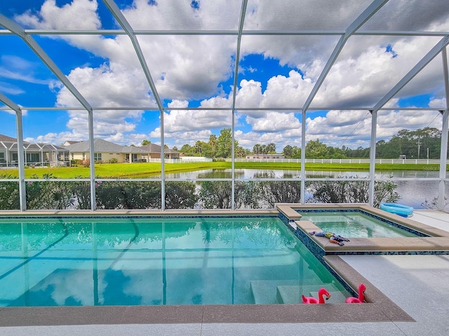 6804 Forkmead Ln, Port Orange, FL 32128 - view of swimming pool with a water view, a lanai, and a pool with connected hot tub