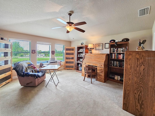 6804 Forkmead Ln, Port Orange, FL 32128 - living room featuring carpet flooring, ceiling fan, plenty of natural light, and a textured ceiling