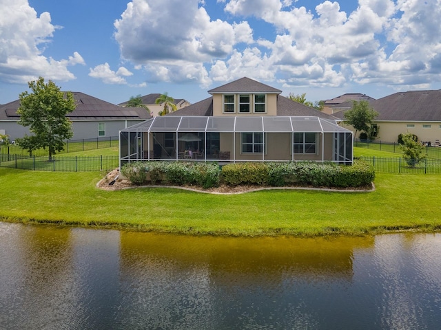 6804 Forkmead Ln, Port Orange, FL 32128 - rear view of property featuring a fenced backyard, a water view, stucco siding, and glass enclosure