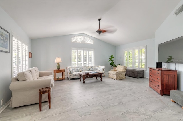904 Clubhouse Blvd, New Smyrna Beach, FL 32168 - living room featuring ceiling fan, lofted ceiling, and light marble finish floors