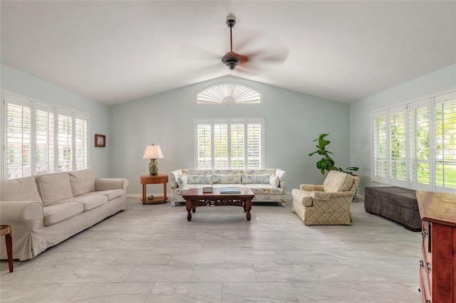 904 Clubhouse Blvd, New Smyrna Beach, FL 32168 - living room featuring ceiling fan and lofted ceiling