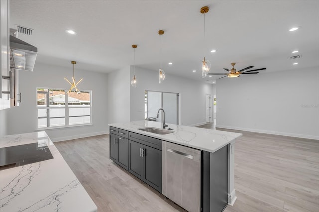 2324 Orange Tree Dr, Edgewater, FL 32141 - kitchen with dishwasher, recessed lighting, light wood-type flooring, exhaust hood, and a ceiling fan