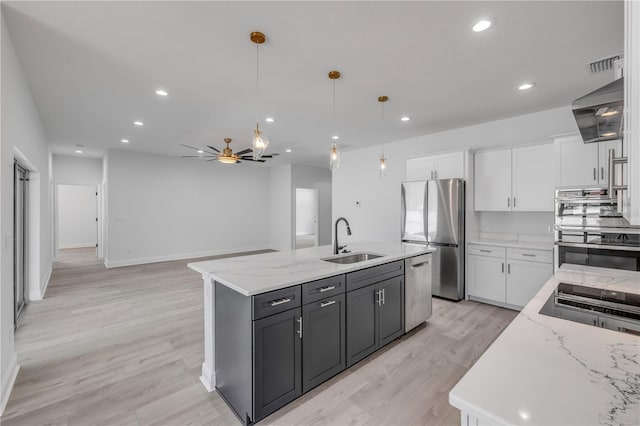 2324 Orange Tree Dr, Edgewater, FL 32141 - kitchen with appliances with stainless steel finishes, white cabinets, recessed lighting, light wood-style floors, and ceiling fan