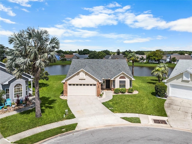 684 Rochester Ct, New Smyrna Beach, FL 32168 - view of front facade with a water view, a front yard, driveway, a garage, and a residential view