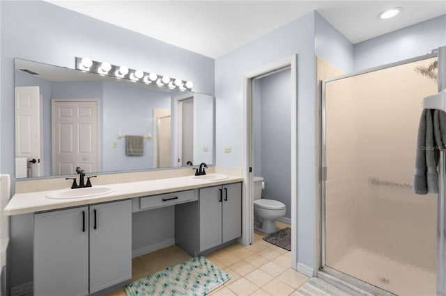684 Rochester Ct, New Smyrna Beach, FL 32168 - full bath with a shower stall, double vanity, and tile patterned flooring
