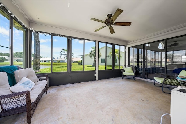 684 Rochester Ct, New Smyrna Beach, FL 32168 - sunroom with a ceiling fan, a water view, and an outdoor hangout area