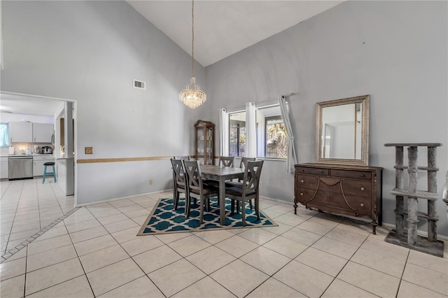 2715 Pine Tree Dr, Edgewater, FL 32141 - dining space with high vaulted ceiling, light tile patterned floors, a chandelier, and healthy amount of natural light