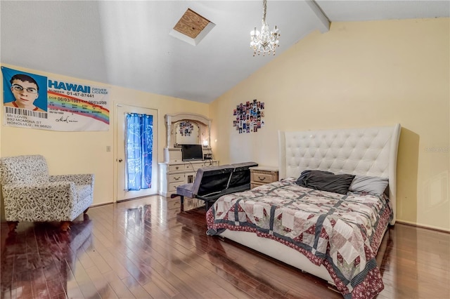 2715 Pine Tree Dr, Edgewater, FL 32141 - bedroom with wood-type flooring, access to exterior, and a chandelier