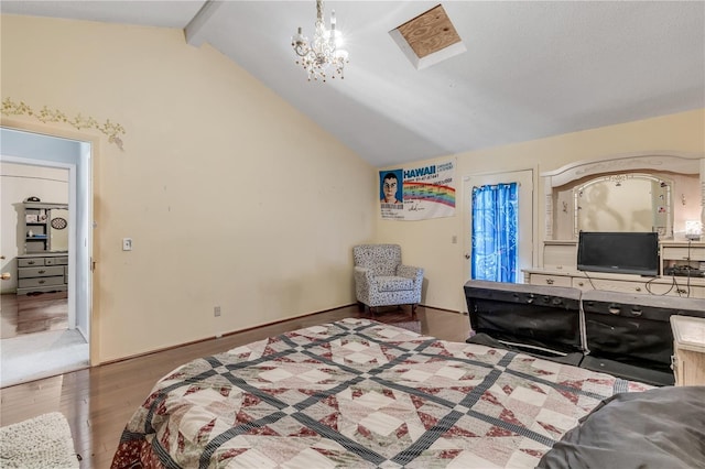 2715 Pine Tree Dr, Edgewater, FL 32141 - bedroom featuring wood finished floors, access to exterior, a chandelier, and a skylight
