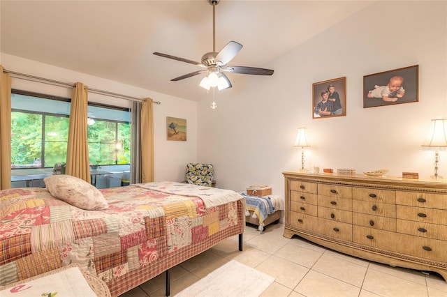 1237 Charter Oaks Cir, Daytona Beach, FL 32117 - bedroom featuring vaulted ceiling, light tile patterned flooring, and a ceiling fan