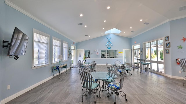 5300 S Atlantic Ave Unit 5-502, New Smyrna Beach, FL 32169 - dining space featuring plenty of natural light, ornamental molding, recessed lighting, and high vaulted ceiling