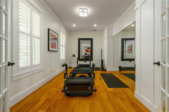 1212 S Riverside Dr, New Smyrna Beach, FL 32168 - exercise area featuring light wood-style flooring and ornamental molding