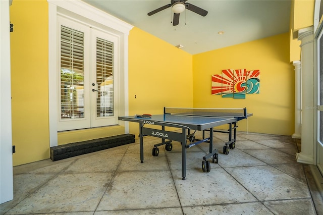 1212 S Riverside Dr, New Smyrna Beach, FL 32168 - rec room featuring french doors, ceiling fan, and concrete floors