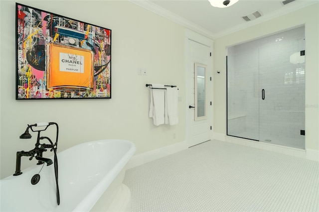 1212 S Riverside Dr, New Smyrna Beach, FL 32168 - bathroom with a freestanding bath, crown molding, and a stall shower