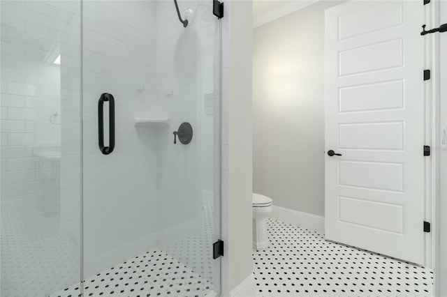 1212 S Riverside Dr, New Smyrna Beach, FL 32168 - bathroom featuring a stall shower, ornamental molding, and tile patterned flooring