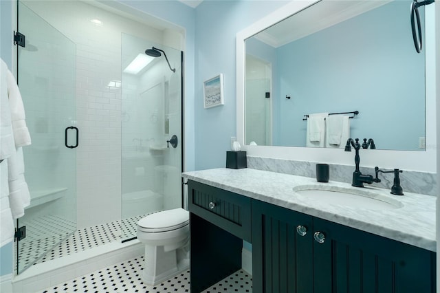 1212 S Riverside Dr, New Smyrna Beach, FL 32168 - bathroom with vanity, a stall shower, and crown molding