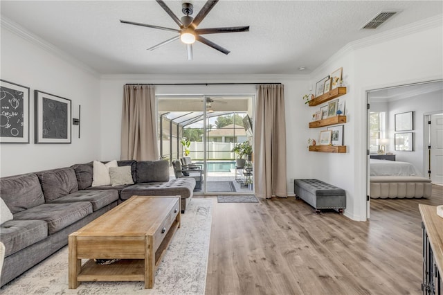 5849 Ansley Way, Mount Dora, FL 32757 - living area with ceiling fan, ornamental molding, light wood-style flooring, and a textured ceiling
