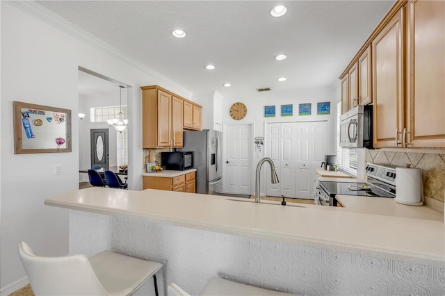 5849 Ansley Way, Mount Dora, FL 32757 - kitchen featuring stainless steel appliances, tasteful backsplash, recessed lighting, a peninsula, and light countertops