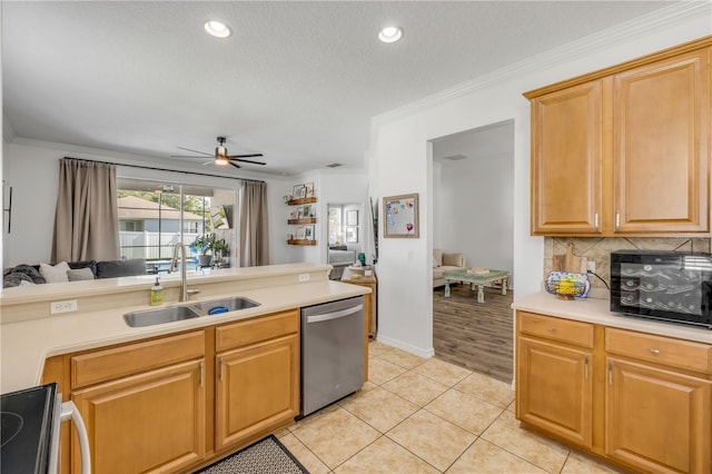 5849 Ansley Way, Mount Dora, FL 32757 - kitchen with dishwasher, open floor plan, a ceiling fan, range, and light countertops