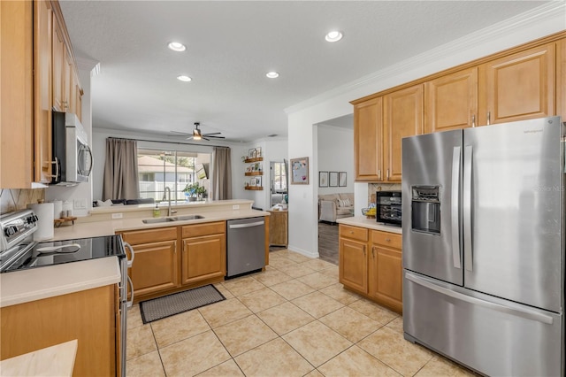 5849 Ansley Way, Mount Dora, FL 32757 - kitchen with stainless steel appliances, recessed lighting, light countertops, ceiling fan, and light tile patterned floors