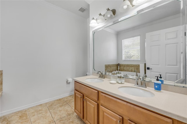 5849 Ansley Way, Mount Dora, FL 32757 - full bathroom featuring crown molding, tile patterned flooring, a bath, and double vanity