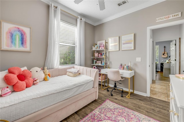 5849 Ansley Way, Mount Dora, FL 32757 - bedroom with multiple windows, crown molding, wood finished floors, and ceiling fan
