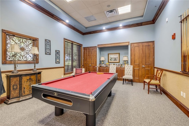 5849 Ansley Way, Mount Dora, FL 32757 - game room featuring a high ceiling, billiards table, carpet floors, and ornamental molding
