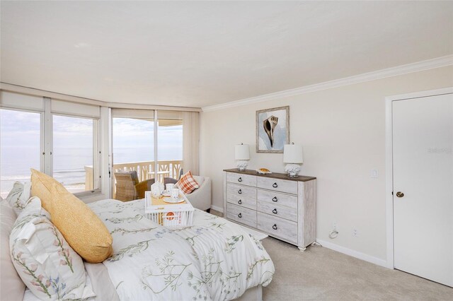 1051 Ocean Shore Blvd Unit 502, Ormond Beach, FL 32176 - bedroom with access to exterior, light colored carpet, crown molding, and a water view
