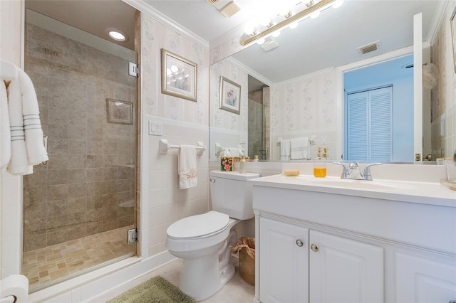 1051 Ocean Shore Blvd Unit 502, Ormond Beach, FL 32176 - bathroom featuring wallpapered walls, ornamental molding, vanity, and a shower stall