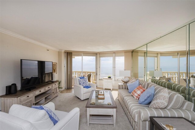 1051 Ocean Shore Blvd Unit 502, Ormond Beach, FL 32176 - living area featuring healthy amount of natural light, a water view, and crown molding