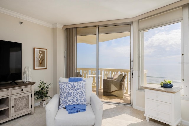 1051 Ocean Shore Blvd Unit 502, Ormond Beach, FL 32176 - living area with ornamental molding and a water view