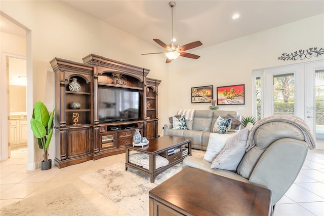 2939 Bella Flore Ter, New Smyrna Beach, FL 32168 - living area featuring light tile patterned flooring, a ceiling fan, recessed lighting, and lofted ceiling