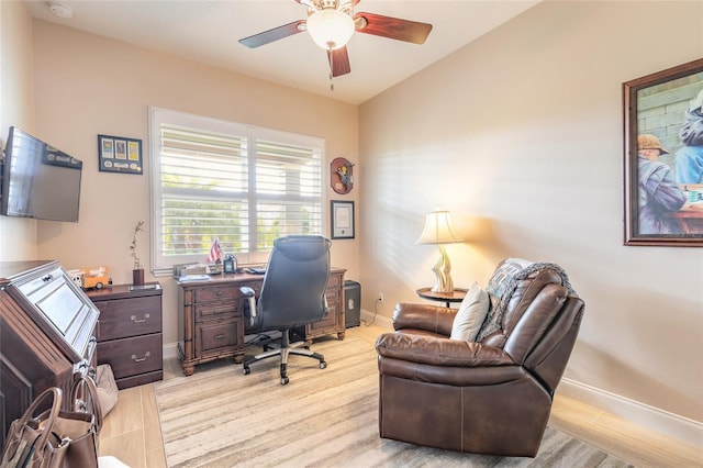 2939 Bella Flore Ter, New Smyrna Beach, FL 32168 - home office with a ceiling fan and baseboards