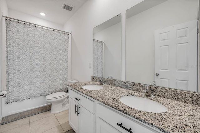 3116 Crab Trap Dr, New Smyrna Beach, FL 32168 - bathroom with double vanity, tile patterned floors, and a shower with shower curtain