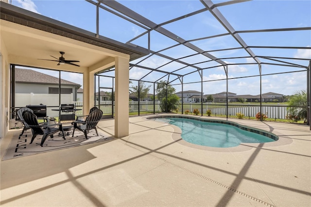 3116 Crab Trap Dr, New Smyrna Beach, FL 32168 - view of swimming pool with a patio area, a residential view, a fenced backyard, and ceiling fan