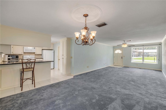 2416 Pine Tree Dr, Edgewater, FL 32141 - unfurnished living room featuring a chandelier, light colored carpet, crown molding, a ceiling fan, and light tile patterned floors