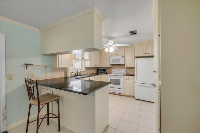 2416 Pine Tree Dr, Edgewater, FL 32141 - kitchen with white appliances, a peninsula, decorative backsplash, open shelves, and light tile patterned floors