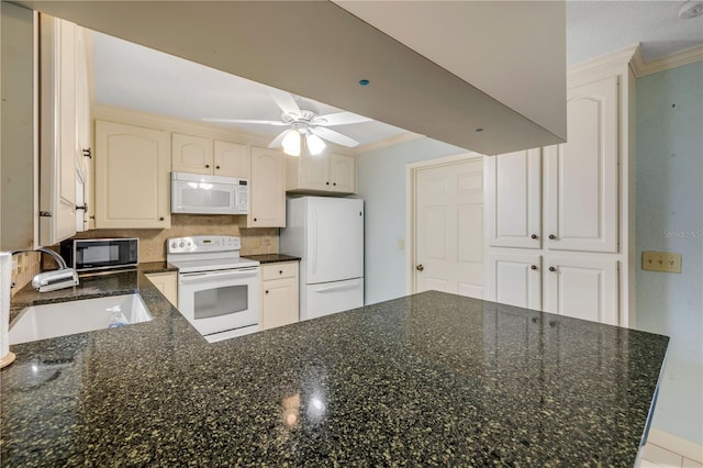 2416 Pine Tree Dr, Edgewater, FL 32141 - kitchen featuring white appliances, ornamental molding, a peninsula, dark stone countertops, and decorative backsplash