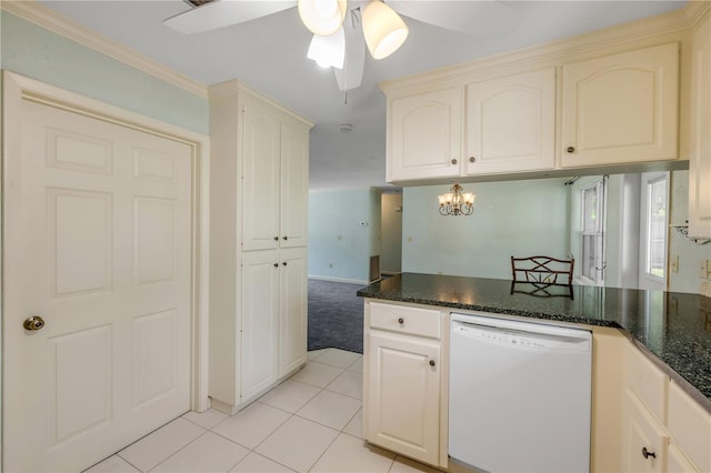 2416 Pine Tree Dr, Edgewater, FL 32141 - kitchen with white dishwasher, a ceiling fan, light tile patterned flooring, a peninsula, and light carpet