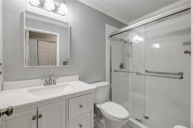 2416 Pine Tree Dr, Edgewater, FL 32141 - full bath featuring a textured wall, crown molding, a stall shower, and vanity
