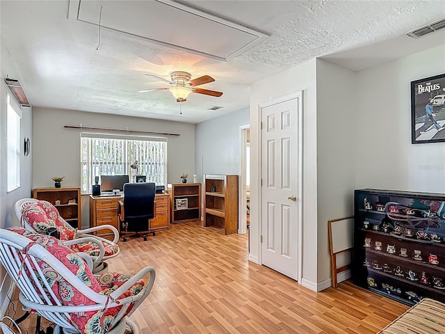 1331 Needle Palm Dr, Edgewater, FL 32132 - office area with attic access, light wood-style flooring, and a ceiling fan