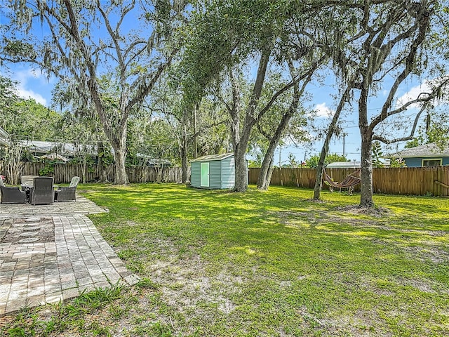 1331 Needle Palm Dr, Edgewater, FL 32132 - fenced backyard with a patio and a storage unit