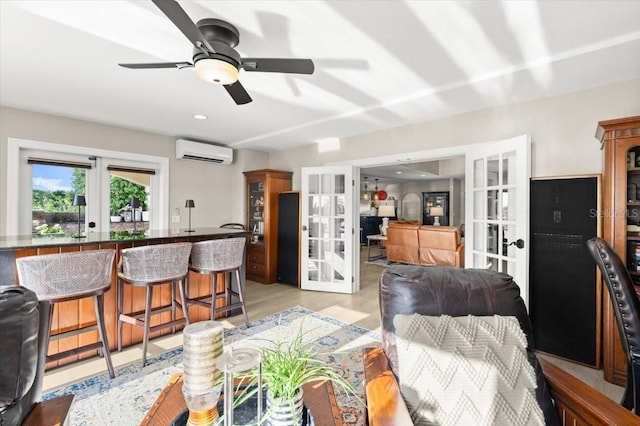 206 Canova Dr, New Smyrna Beach, FL 32169 - living area featuring french doors, an AC wall unit, ceiling fan, and recessed lighting