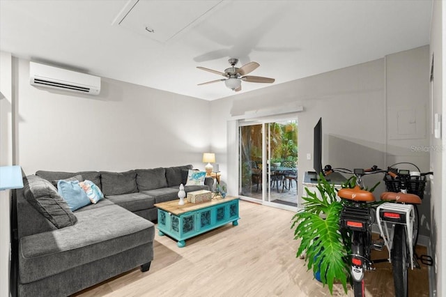 206 Canova Dr, New Smyrna Beach, FL 32169 - living room with a wall mounted AC, light wood-style floors, ceiling fan, and attic access